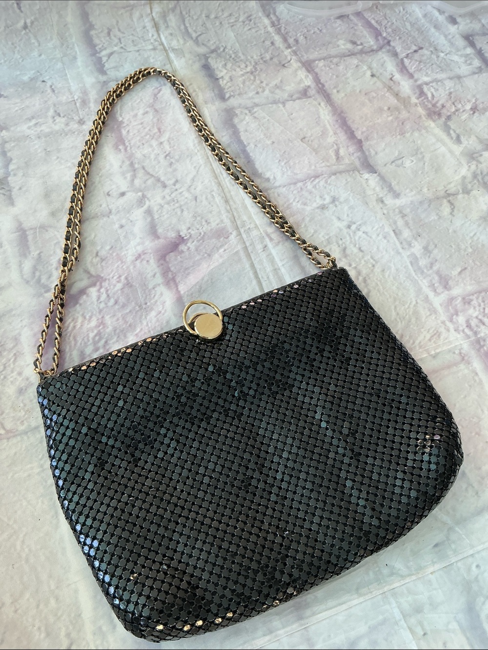 Vintage Black Metal Chainlink Purse Gold Strap Crossbody Or Shoulder Evening Bag